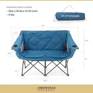 ARROWHEAD OUTDOOR Portable Folding Double Duo Camping Chair Loveseat w/ 2 Cup & Wine Glass Holder, Heavy-Duty Carrying Bag, Padded Seats & Armrests, Supports up to 500lbs, USA-Based Support