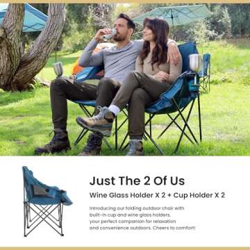 ARROWHEAD OUTDOOR Portable Folding Double Duo Camping Chair Loveseat w/ 2 Cup & Wine Glass Holder, Heavy-Duty Carrying Bag, Padded Seats & Armrests, Supports up to 500lbs, USA-Based Support
