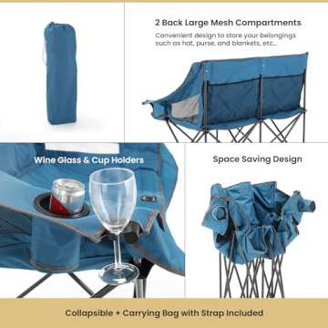 ARROWHEAD OUTDOOR Portable Folding Double Duo Camping Chair Loveseat w/ 2 Cup & Wine Glass Holder, Heavy-Duty Carrying Bag, Padded Seats & Armrests, Supports up to 500lbs, USA-Based Support
