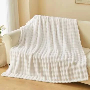 NEWCOSPLAY Throw Blanket for Couch Ivory Super Soft Flannel Fleece 3D Bubble Lightweight Bed Blanket All Season Use (Ivory, Throw(50"x60"))