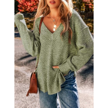 EVALESS Fall Sweaters for Women 2024 Casual Hollow Out Cable Knitted Crochet Sweater V Neck Drop Shoulder Pullover Jumper Tops Green Medium