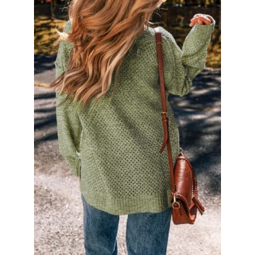 EVALESS Fall Sweaters for Women 2024 Casual Hollow Out Cable Knitted Crochet Sweater V Neck Drop Shoulder Pullover Jumper Tops Green Medium