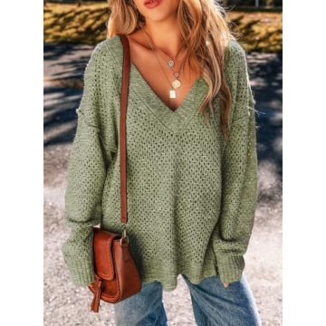 EVALESS Fall Sweaters for Women 2024 Casual Hollow Out Cable Knitted Crochet Sweater V Neck Drop Shoulder Pullover Jumper Tops Green Medium