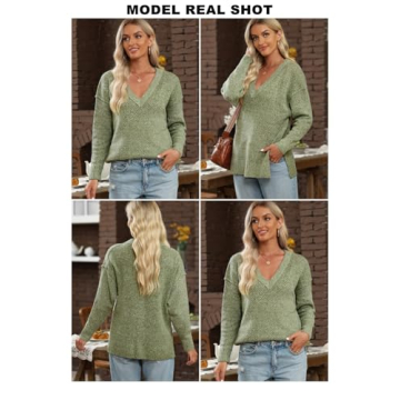 EVALESS Fall Sweaters for Women 2024 Casual Hollow Out Cable Knitted Crochet Sweater V Neck Drop Shoulder Pullover Jumper Tops Green Medium