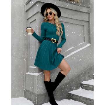 Fit and Flare Sweater Dress for Women Cable Knit Winter Warm Crewneck Winter Dresses Turquoise S