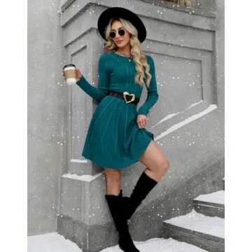 Fit and Flare Sweater Dress for Women Cable Knit Winter Warm Crewneck Winter Dresses Turquoise S