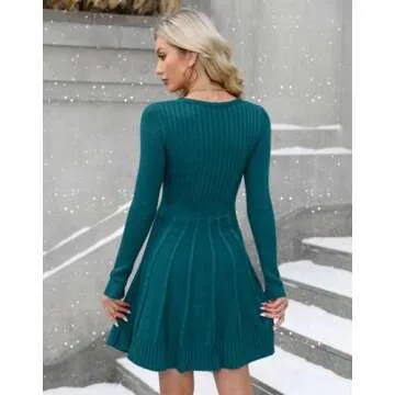 Fit and Flare Sweater Dress for Women Cable Knit Winter Warm Crewneck Winter Dresses Turquoise S