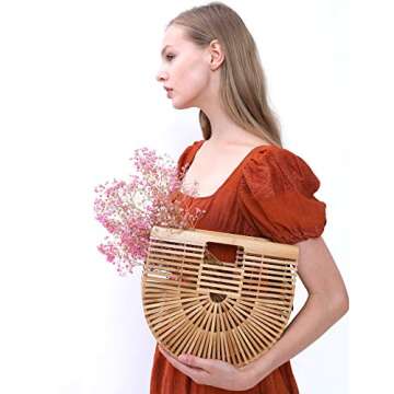 Miuco Womens Bamboo Handbag Handmade Large Tote Bag Straw Beach Bags Beach Purse Size Large