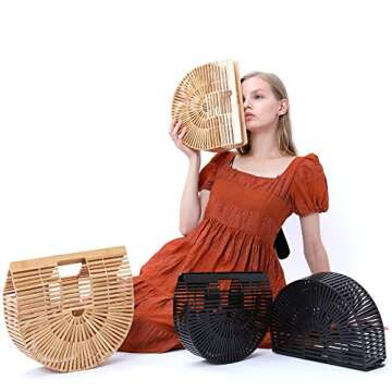 Miuco Womens Bamboo Handbag Handmade Large Tote Bag Straw Beach Bags Beach Purse Size Large