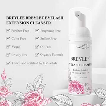 BREYLEE Eyelash Extension Cleanser,Eyelash Extension Shampoo, Eyelash Extension Foam & Brushes Eyelid Cleanser for Makeup Remover Paraben & Sulfate Free for Salon and Home Use