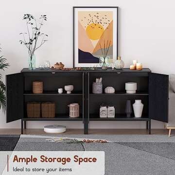 63" Black Sideboard Buffet Cabinet with Hand-Woven Natural Rattan Doors, Rattan Cabinet Console Table, Cane Sideboard Storage Cabinet Accent Credenza, for Living Room Hallway & Kitchen-2 Pieces