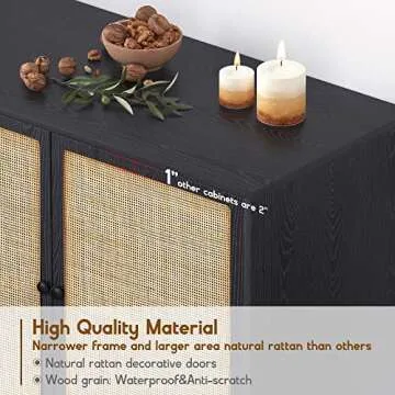 63" Black Sideboard Buffet Cabinet with Hand-Woven Natural Rattan Doors, Rattan Cabinet Console Table, Cane Sideboard Storage Cabinet Accent Credenza, for Living Room Hallway & Kitchen-2 Pieces