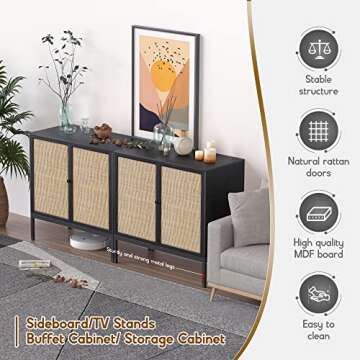 63" Black Sideboard Buffet Cabinet with Hand-Woven Natural Rattan Doors, Rattan Cabinet Console Table, Cane Sideboard Storage Cabinet Accent Credenza, for Living Room Hallway & Kitchen-2 Pieces