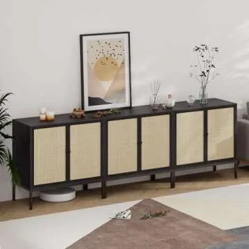 63" Black Sideboard Buffet Cabinet with Hand-Woven Natural Rattan Doors, Rattan Cabinet Console Table, Cane Sideboard Storage Cabinet Accent Credenza, for Living Room Hallway & Kitchen-2 Pieces