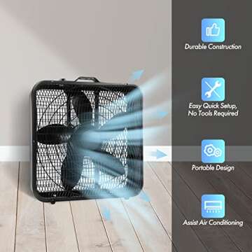 Comfort Zone Box Fan with Carry Handle, 20 inch, 3 Speed Full-Force Air Circulation with Air Conditi...