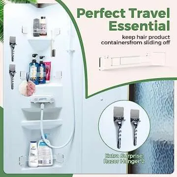 ENONCI RV Accessories for Inside Clear, Camper Must Haves, Shower Corner Storage Bar with 2 Razor Hanger, Adjustable Acrylic for Corner Shelves Length 8-14 inches Applicable for Most RV Camper