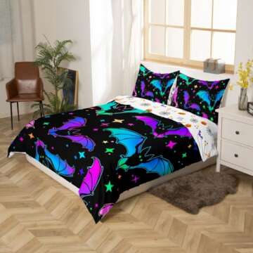 Erosebridal Halloween Bat Bedding Set Queen Size Glitter Stars Galaxy Comforter Cover for Kids Child...