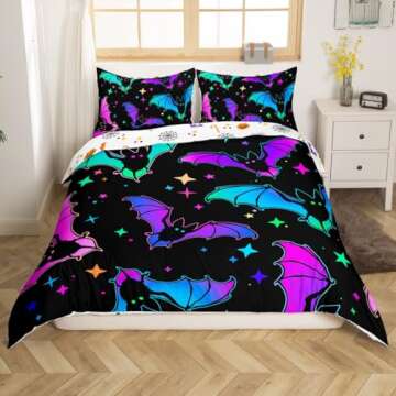 Erosebridal Halloween Bat Bedding Set Queen Size Glitter Stars Galaxy Comforter Cover for Kids Child, Cartoon Gothic Bats Duvet Cover Halloween Home Decor Teal Blue Green Purple