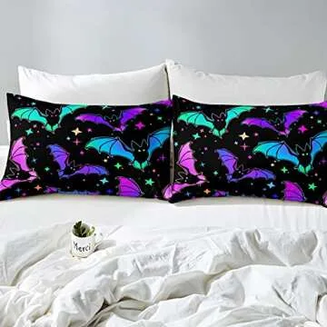 Erosebridal Halloween Bat Bedding Set Queen Size Glitter Stars Galaxy Comforter Cover for Kids Child, Cartoon Gothic Bats Duvet Cover Halloween Home Decor Teal Blue Green Purple