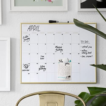 U Brands Magnetic Dry Erase Calendar Board, 20"x16", Gold Aluminum Frame, Includes Magnet and Marker