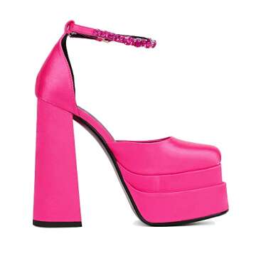 Greemarliy Women's Chunky Block Heels Platform Shoes Closed Toe Thick Heel Pumps of Ankle Strip with Rhinestone for Women Silk Satin Sandals