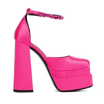 Greemarliy Women's Chunky Block Heels Platform Shoes Closed Toe Thick Heel Pumps of Ankle Strip with Rhinestone for Women Silk Satin Sandals