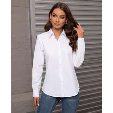 Gleeivy Button Down Shirts for Women Long Sleeve Dress Shirts Classic Fit Solid Cotton Women Dress Shirts Work Office White M