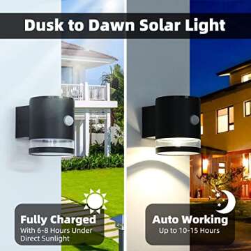 HFVLITE Solar Wall Light Outdoor Fence Light with Motion Sensor, Aluminum Deck Light, Waterproof & Dusk to Dawn Black Security Light Outside Lantern Fixture for Garage Garden Backyard Patio