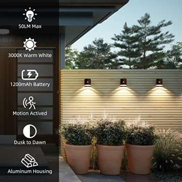 HFVLITE Solar Wall Light Outdoor Fence Light with Motion Sensor, Aluminum Deck Light, Waterproof & Dusk to Dawn Black Security Light Outside Lantern Fixture for Garage Garden Backyard Patio