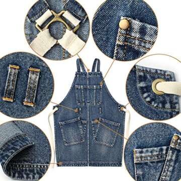 Jeanerlor Cotton Denim Cross Back Work Jean Apron with 5 Tool Pockets for Women Hairstylist Kitchen ...