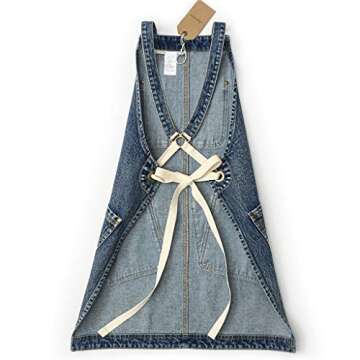 Jeanerlor Cotton Denim Cross Back Work Jean Apron with 5 Tool Pockets for Women Hairstylist Kitchen Cooking Baking Gardening Adjustable S-M (Denim Blue)