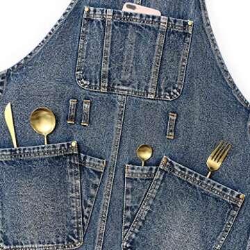 Jeanerlor Cotton Denim Cross Back Work Jean Apron with 5 Tool Pockets for Women Hairstylist Kitchen Cooking Baking Gardening Adjustable S-M (Denim Blue)