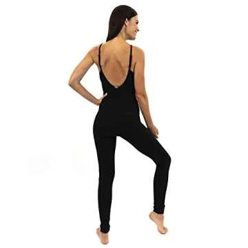 TREELANCE Yoga Workout Black Cotton Bodysuit One Piece Jumpsuit Unitard Built in Bra Open Back for Women Black, Medium