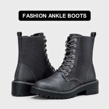 Vepose Women's 9629 Fashion Combat Ankle Boots, Lace up Booties with Inner Zipper, Grey, Size 9M US(CJY9629 Grey 09)