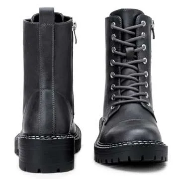 Vepose Women's 9629 Fashion Combat Ankle Boots, Lace up Booties with Inner Zipper, Grey, Size 9M US(CJY9629 Grey 09)