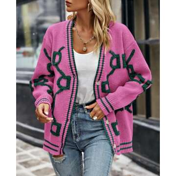 PRETTYGARDEN Women's Spring Chunky Knit Cardigan Sweaters Casual Open Front Button Up Winter Coats Outerwear (Rose Red Green,Medium)