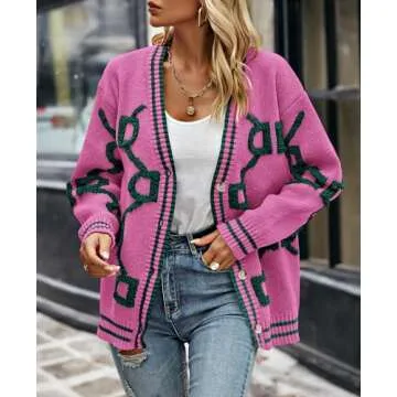 PRETTYGARDEN Women's Spring Chunky Knit Cardigan Sweaters Casual Open Front Button Up Winter Coats Outerwear (Rose Red Green,Medium)