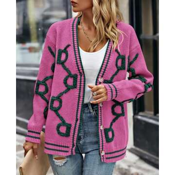 PRETTYGARDEN Women's Spring Chunky Knit Cardigan Sweaters Casual Open Front Button Up Winter Coats Outerwear (Rose Red Green,Medium)