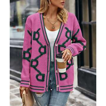 PRETTYGARDEN Women's Spring Chunky Knit Cardigan Sweaters Casual Open Front Button Up Winter Coats Outerwear (Rose Red Green,Medium)