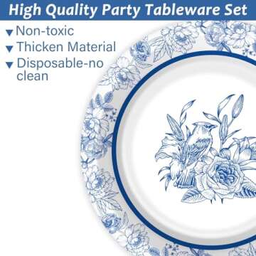 48PCS Floral Blue White Party Set | Disposable Plates 24 Guests
