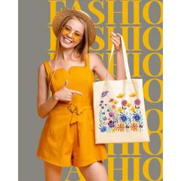 AUSVKAI Canvas Tote Bag for Women, Cute Yellow&Purple Wild Flower Reusable Cotton Bags for Shopping ...