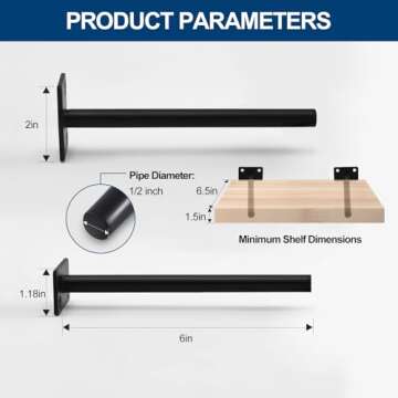 16 Pcs 6" Black Solid Steel Floating Shelf Bracket Blind Shelf Supports - Hidden Brackets for Floati...