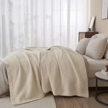 100% Cotton Blanket for Full Queen Size Bed - Tan Waffle Weave Lightweight Summer Bed Blanket - 90x90in Prewashed Breathable, Woven, Layering Blanket (Full/Queen, Oatmeal)