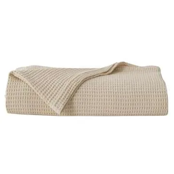 100% Cotton Blanket for Full Queen Size Bed - Tan Waffle Weave Lightweight Summer Bed Blanket - 90x90in Prewashed Breathable, Woven, Layering Blanket (Full/Queen, Oatmeal)