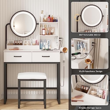 Vabches Makeup Vanity with LED Round Mirror and Lights