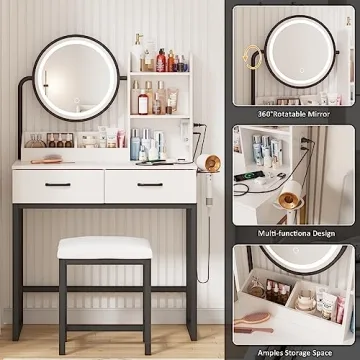Vabches Makeup Vanity with LED Round Mirror and Lights