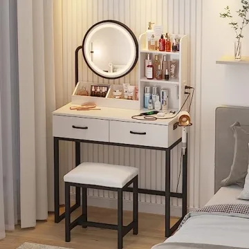 Vabches Makeup Vanity with LED Round Mirror and Lights