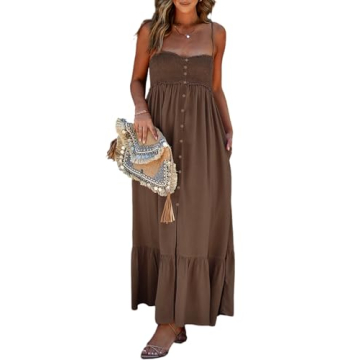 Dokotoo Women's Casual Dresses Sundresses 2025 Summer Boho Button Front Elastic Smocked Sexy Spaghet...