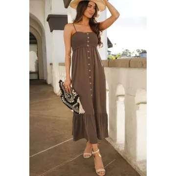 Dokotoo Women's Casual Dresses Sundresses 2025 Summer Boho Button Front Elastic Smocked Sexy Spaghetti Straps Cami Cute Flowy Elegant High Waisted A Line Long Maxi Sun Beach Party Dress Brown Medium