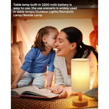 Cordless Table Lamp, 2200mAh Battery Operated Desk Lamp, Touch Bedside Lamps for Night Stands, Warm Light Mini Boho Lamp, Wood Base Round Flaxen Fabric Shade for Living Room,LED Bulb Included (Beige)